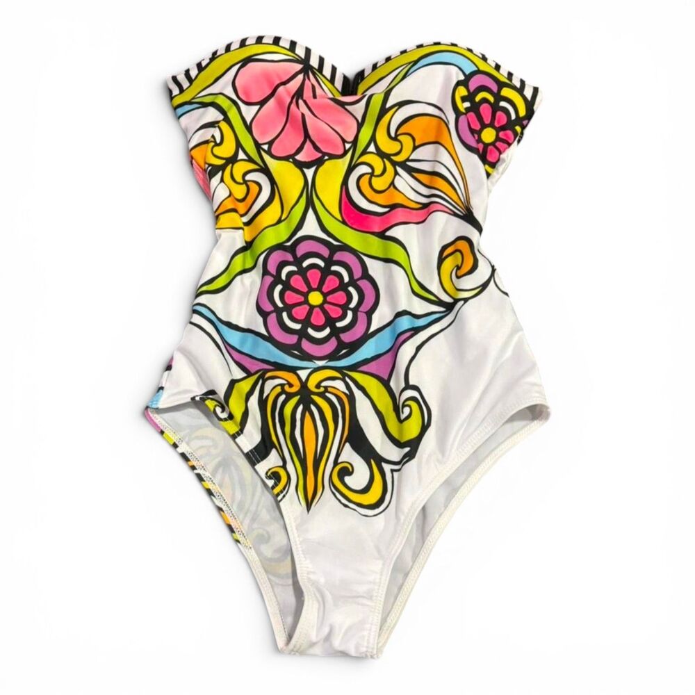 Trina Turk Aquarius Plunge Strapless One Piece Bandeau SwimSuit Small Retro Glam